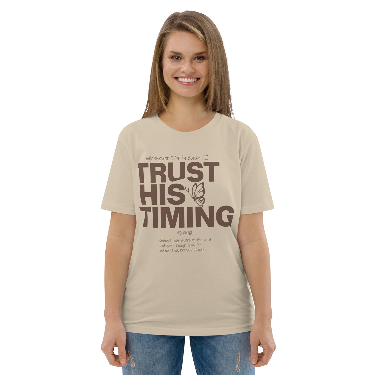 Trust His timing - Unisex premium Organic Cotton T-Shirt by MASIN Fashion – Faith - based Wear