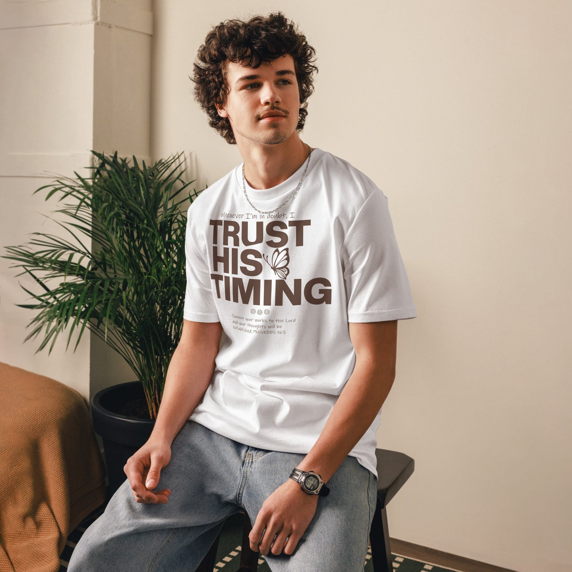 Trust His timing - Unisex premium Organic Cotton T-Shirt by MASIN Fashion – Faith - based Wear