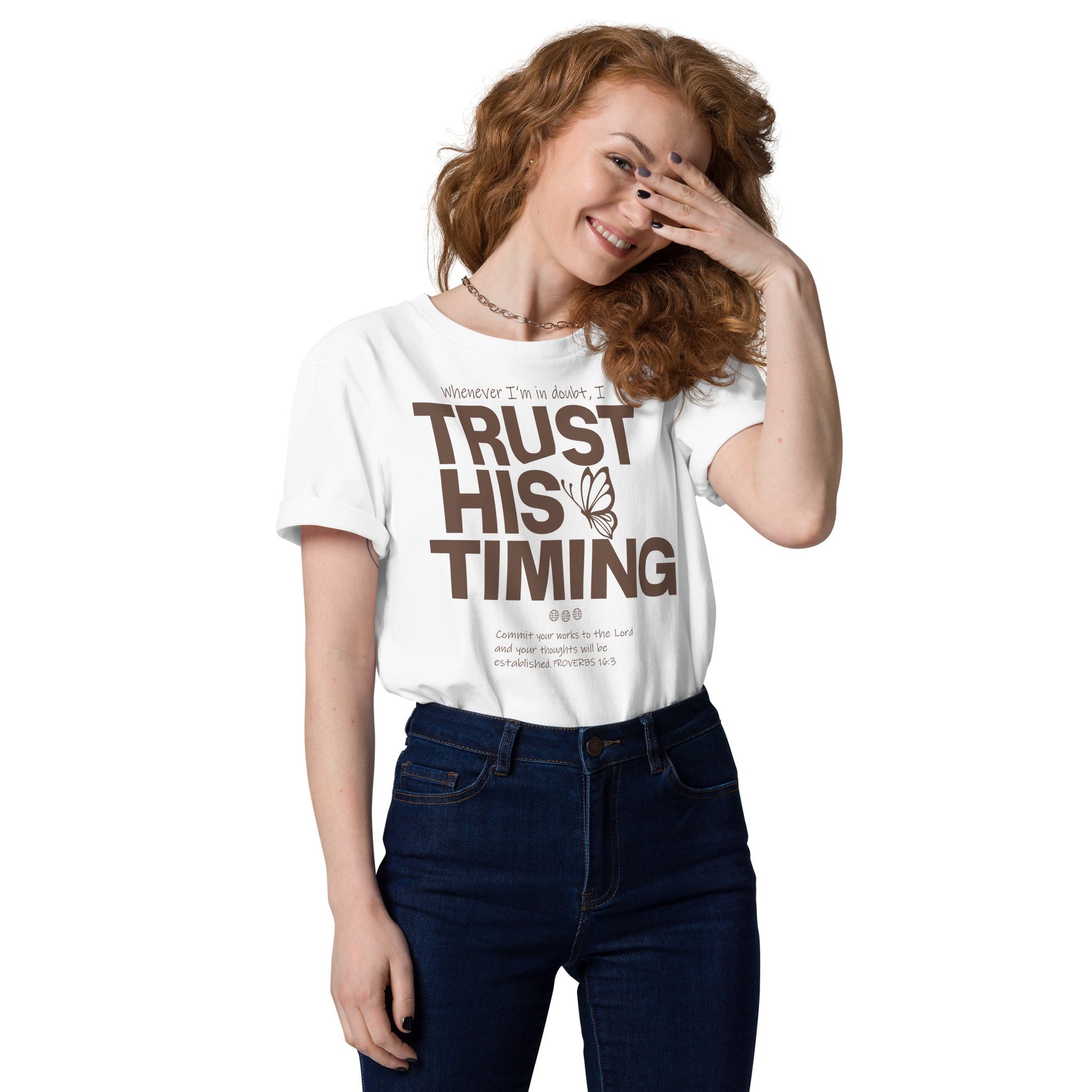 Trust His timing - Unisex premium Organic Cotton T-Shirt by MASIN Fashion – Faith - based Wear